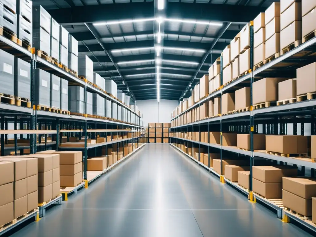 Almacén organizado: eficiencia en cada detalle Un almacén perfectamente organizado con estanterías etiquetadas, cajas apiladas y un sistema de transporte eficiente