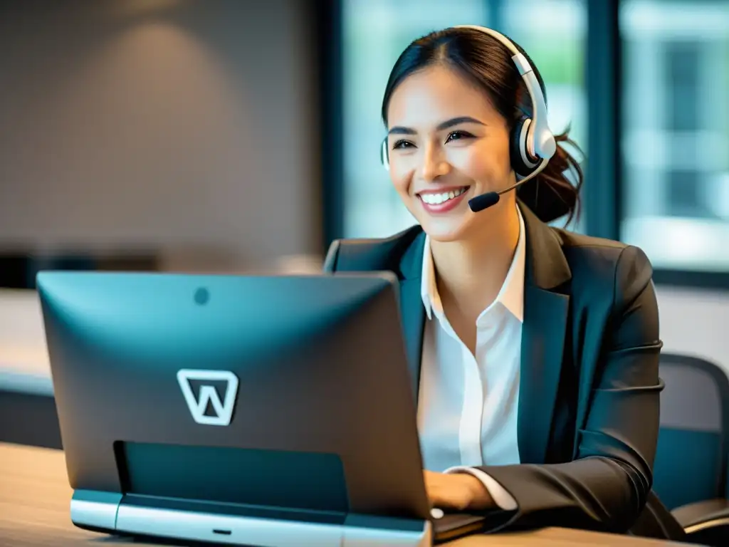 Atención al Cliente Profesional en WooCommerce Amable representante de atención al cliente de WooCommerce asistiendo a un cliente en una interfaz moderna