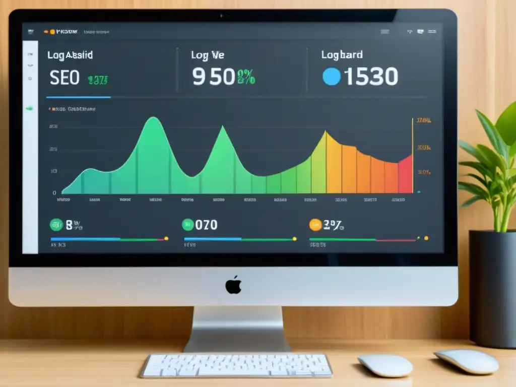 Análisis de datos SEO: Dashboard dinámico de gráficos y métricas Análisis de logs para SEO: Monitor moderno muestra visualización dinámica de datos en dashboard profesional