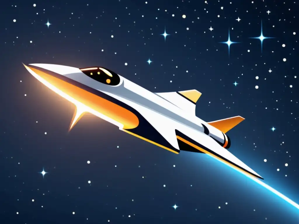 Nave espacial futurista surcando el cielo estrellado Animaciones SVG con Promesas JavaScript: Nave espacial futurista surcando el cielo estrellado, reflejando la luz de las estrellas