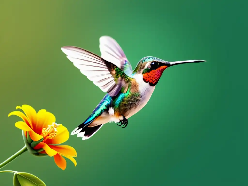 Animación SVG: Colibrí y flor en movimiento Un asombroso colibrí en una animación SVG con JavaScript avanzado, sobre una flor en plena floración