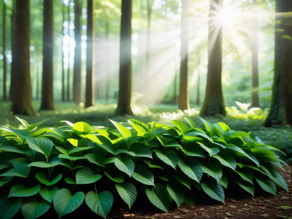 Bosque exuberante: luz solar entre hojas verdes Un bosque exuberante y verde con luz solar filtrándose a través de las hojas