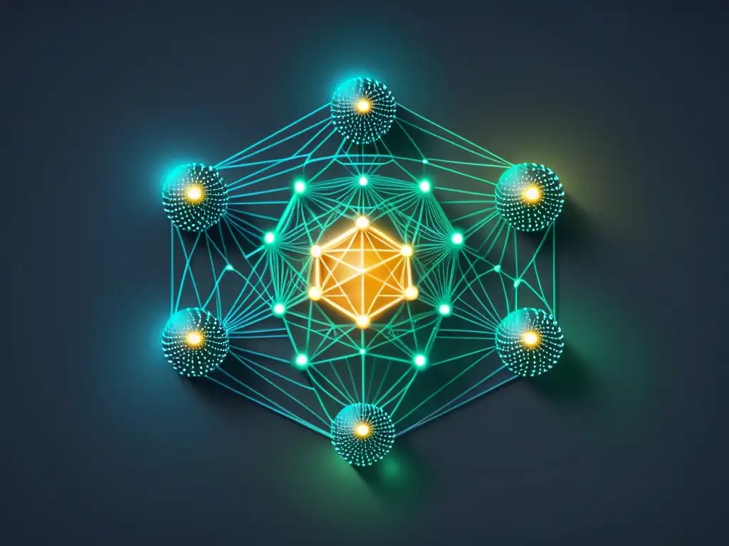 Análisis sofisticado de datos para SEO Brillante red de nodos conectados en un patrón simétrico, evocando el análisis de logs para SEO