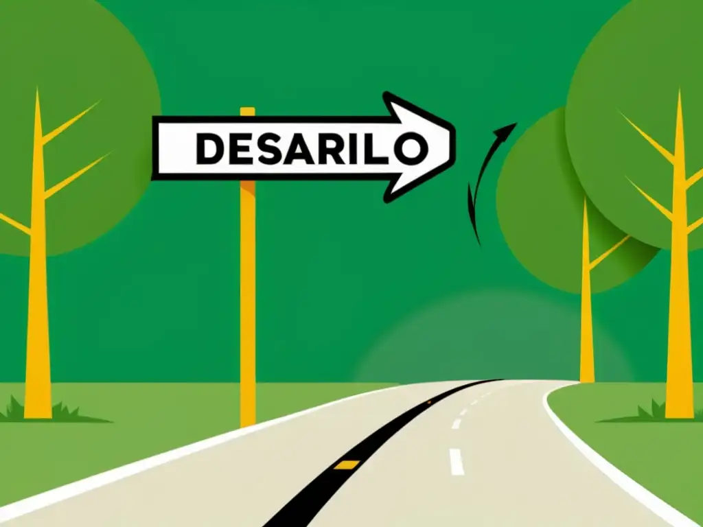 Camino del desarrollo: Decisiones claras para principiantes Un camino serpenteante entre árboles, con señales hacia 'Desarrollo Nativo' y 'Desarrollo Web'