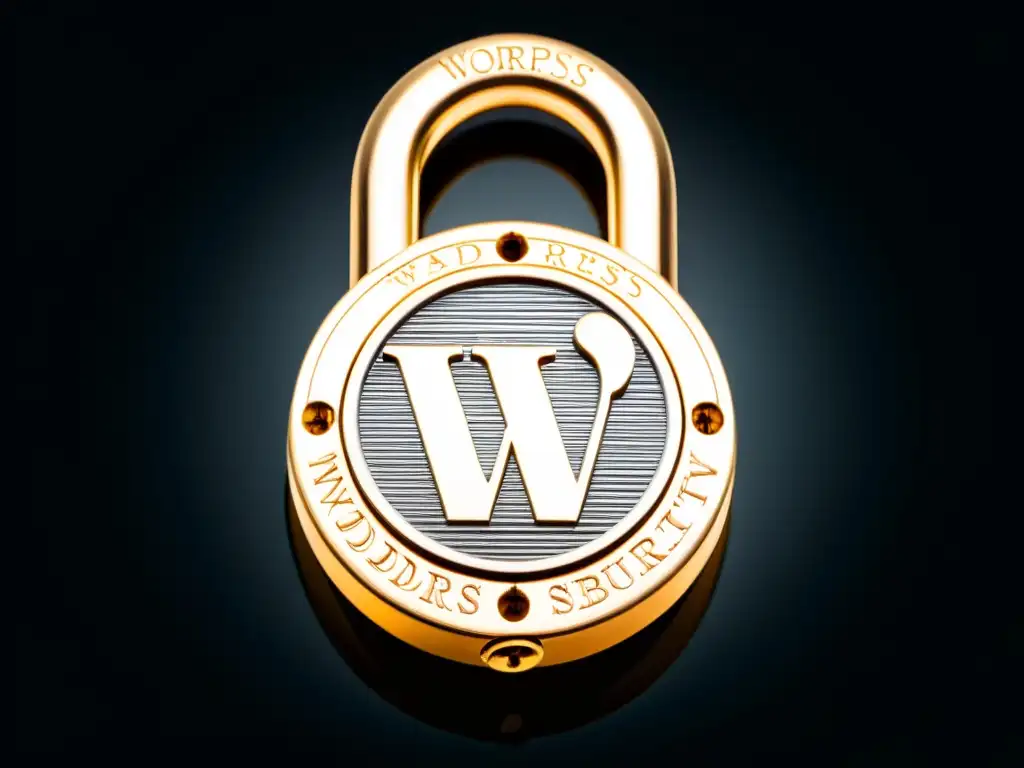 Un candado detallado con grabados, con la palabra 'WordPress' sutilmente grabada, en un fondo oscuro