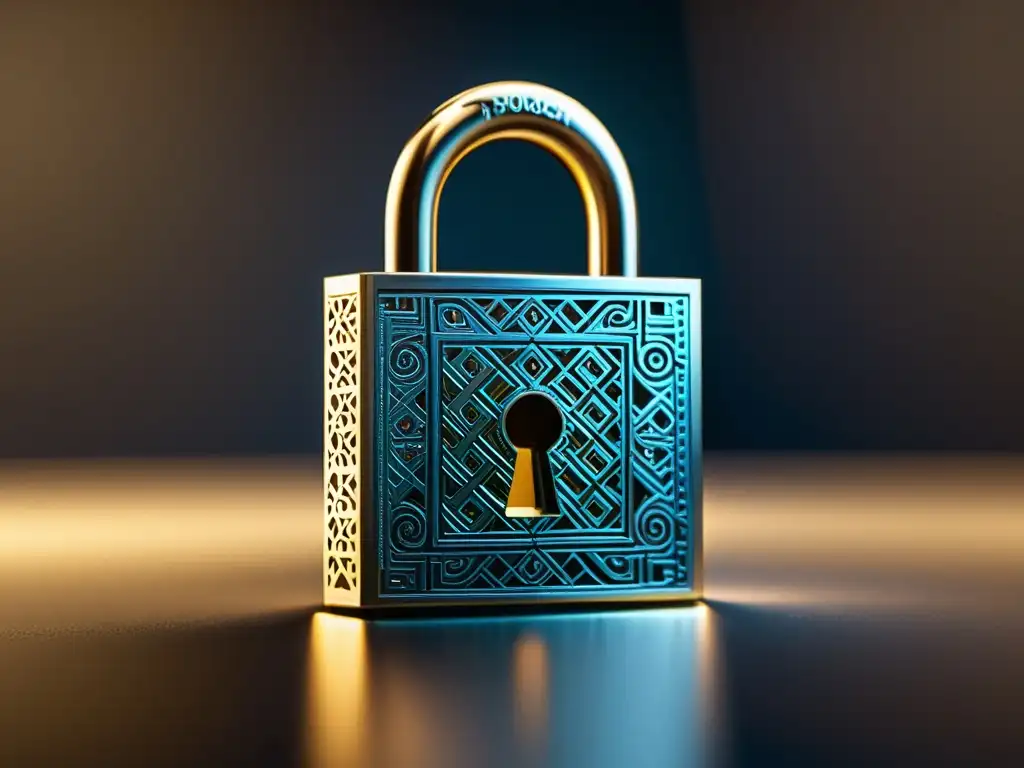 Padlock de metal pulido: detalle ultrarrealista en 8k Un candado de metal pulido con patrones geométricos, reflejando la luz en un fondo de azules y morados
