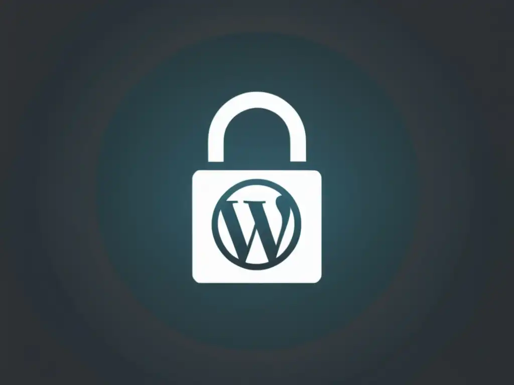 Seguridad WordPress: Versión oculta en candado digital Un candado minimalista con el logo de WordPress grabado, parcialmente abierto para ocultar la versión y protegerla de hackers