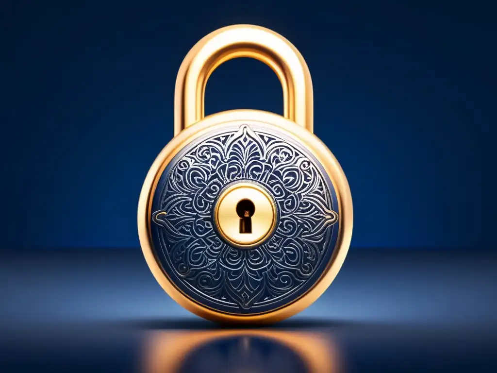 Padlock elegante iluminado en azul índigo Un candado moderno y elegante con intrincados grabados, iluminado por una suave luz cálida
