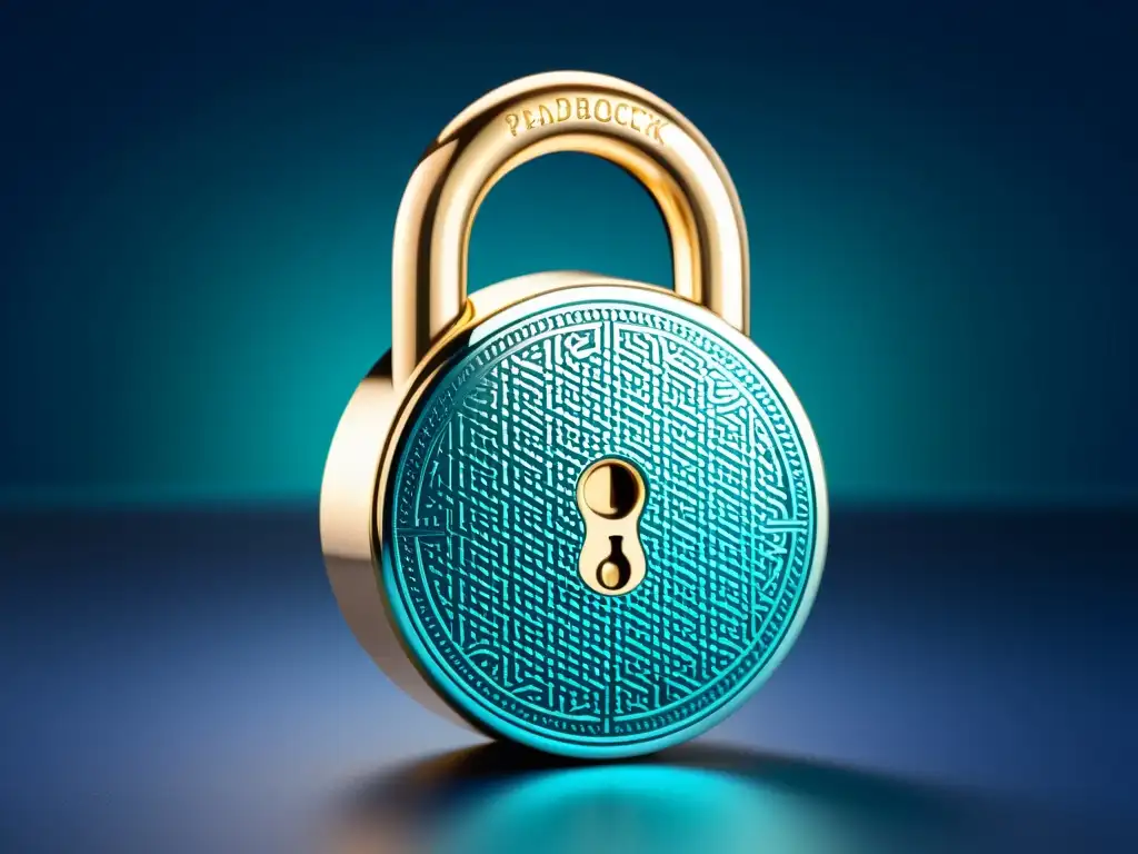 Padlock moderno en 8k: seguridad en línea Un candado moderno con intrincados diseños geométricos, sobre fondo degradado índigo y teal