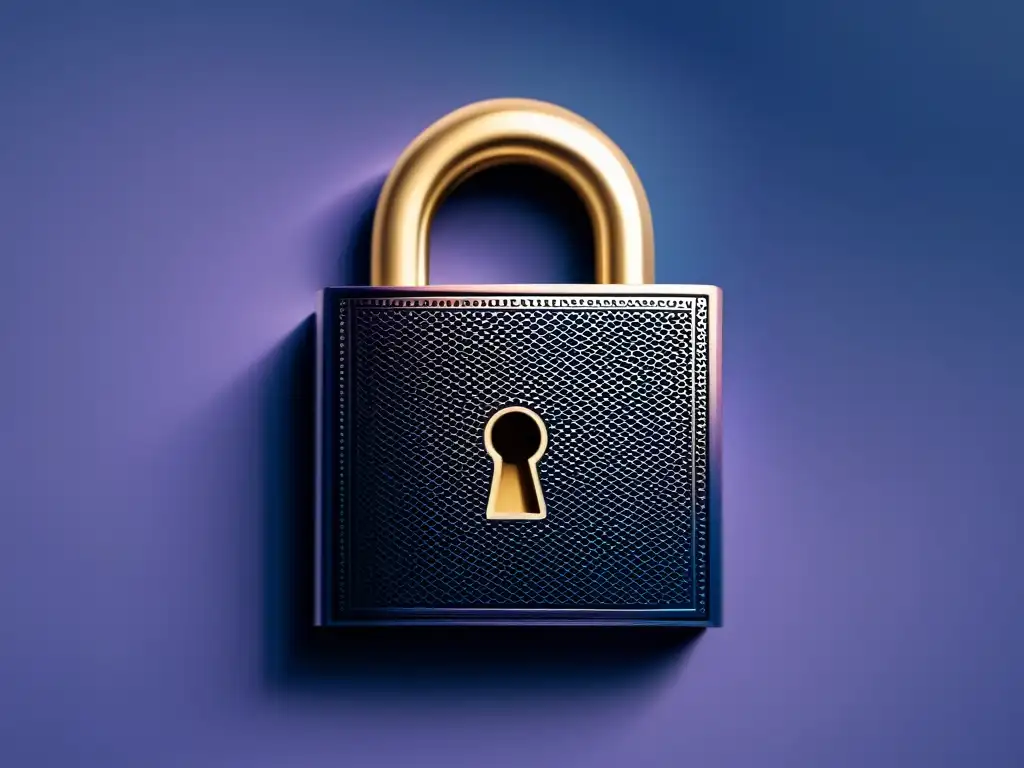 Padlock geométrico: elegancia minimalista en índigo Un candado moderno con patrones geométricos en un fondo degradado, evocando protección y elegancia para la autenticación y autorización de APIs REST