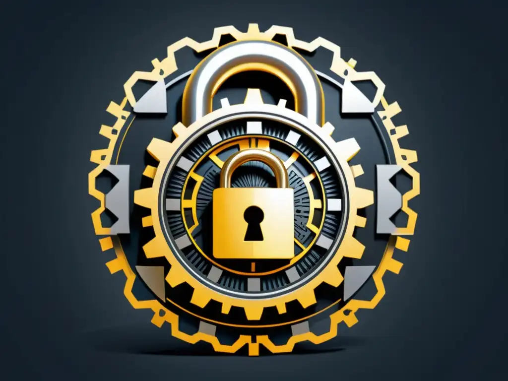 Seguridad sofisticada para REST API: candado minimalista con engranajes interconectados Un candado seguro con engranajes entrelazados y circuitos, simbolizando la compleja protección de APIs REST