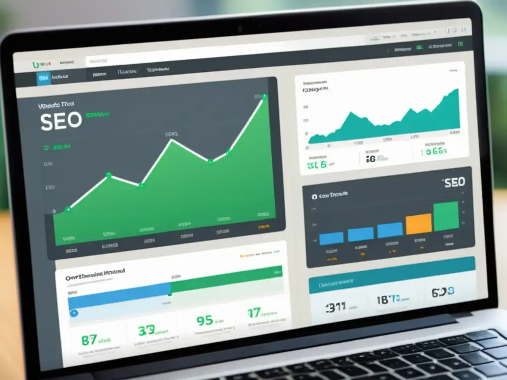 Dashboard de WordPress con Herramientas SEO de Alta Resolución Captura de pantalla del panel de WordPress con herramientas de SEO exhibiendo las mejores prácticas para WordPress en diseño minimalista y profesional