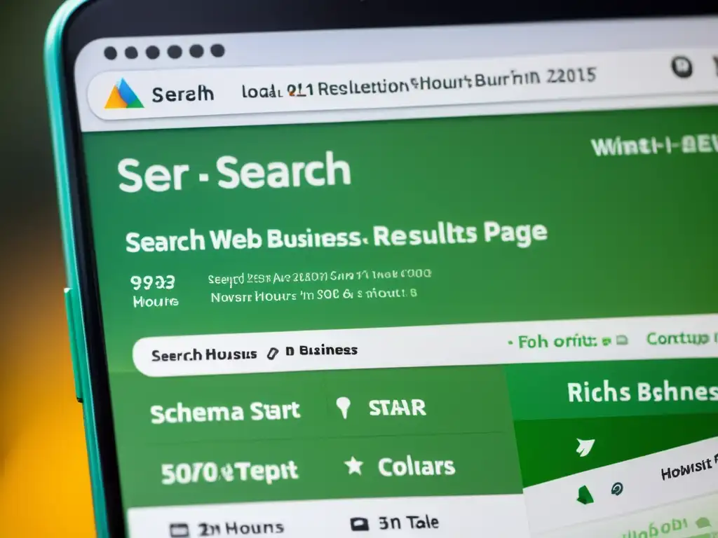 SERP con Rich Snippets: Impacto del Schema Markup en SEO local Captura de pantalla de resultados enriquecidos con Schema Markup para SEO Local en dispositivo moderno