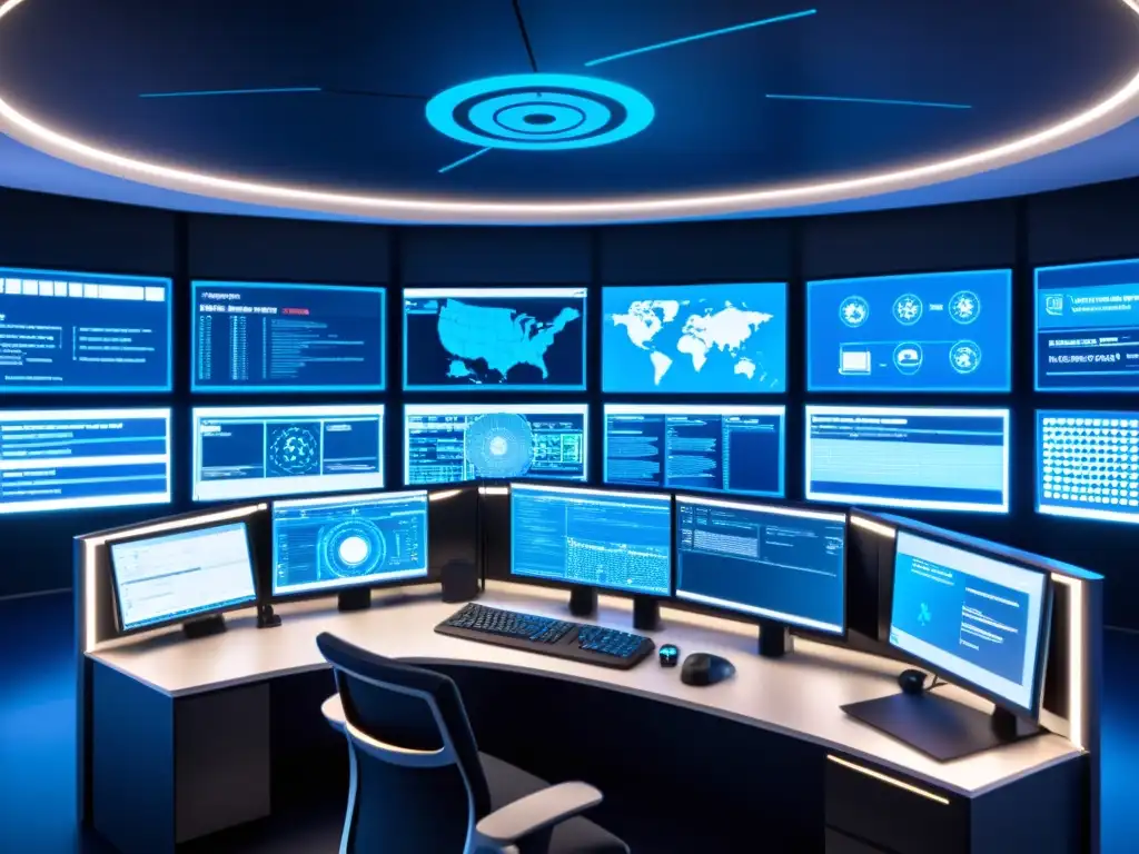 Centro de ciberseguridad futurista con monitoreo en tiempo real Centro de comando de ciberseguridad con monitores mostrando datos en tiempo real