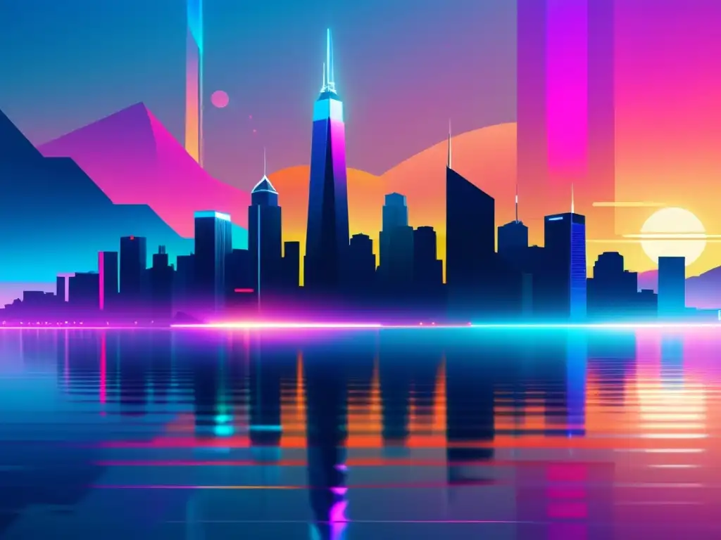 Cityscape futurista en colores vibrantes Una ciudad futurista en colores vibrantes con animaciones interactivas con WebGL para artistas