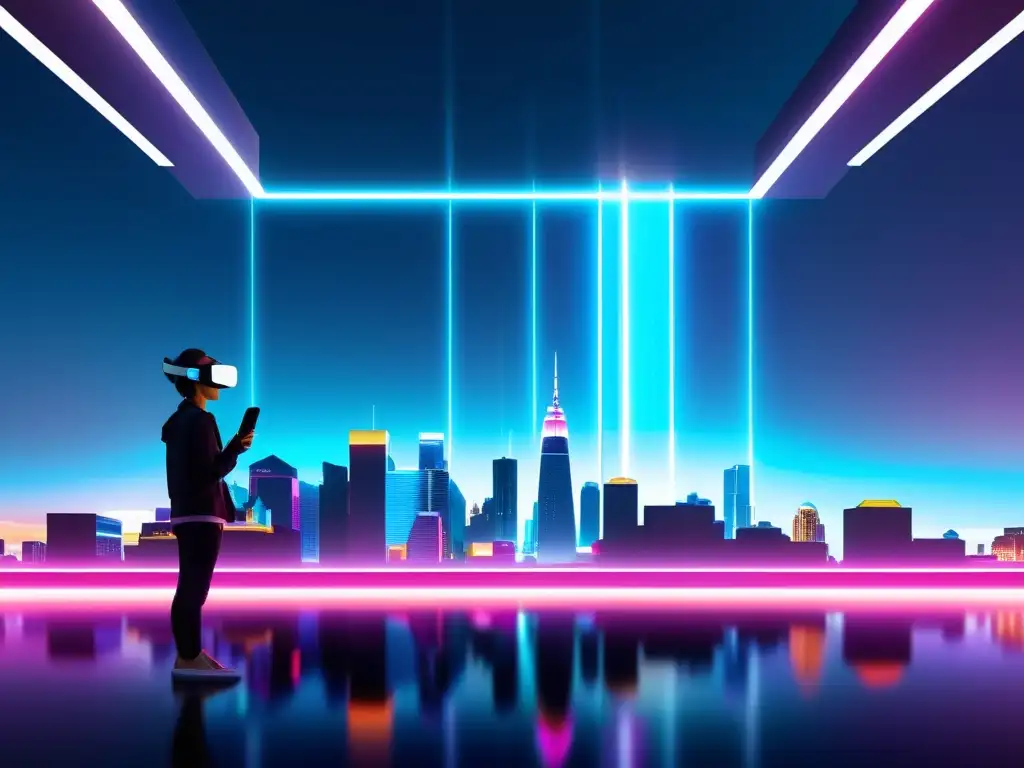 Metrópolis futurista: VR y AR integrados Una ciudad futurista minimalista con elementos de realidad virtual y aumentada integrados en la arquitectura