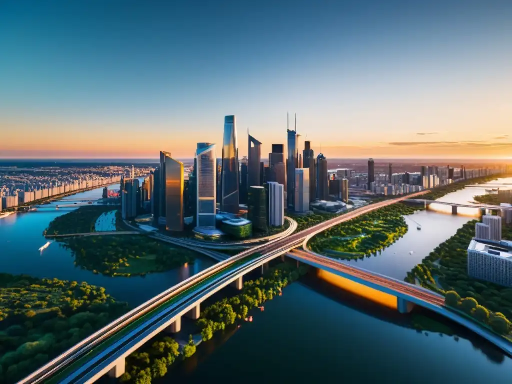 Horizonte urbano futurista al atardecer: 8k detallado Una ciudad futurista al anochecer con rascacielos reflectantes y redes de transporte interconectadas, creando una sensación de innovación y progreso