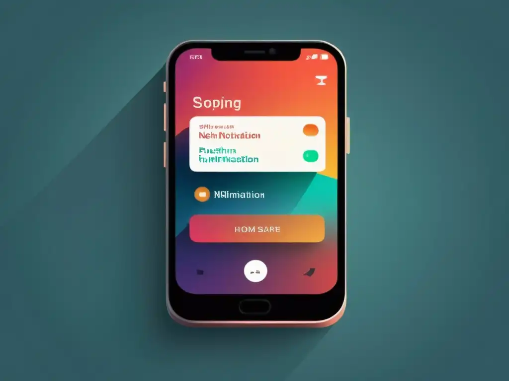 Notificación moderna en pantalla de smartphone Comparativa implementación notificaciones push: Ilustración minimalista de una pantalla de smartphone con notificación emergente moderna y elegante