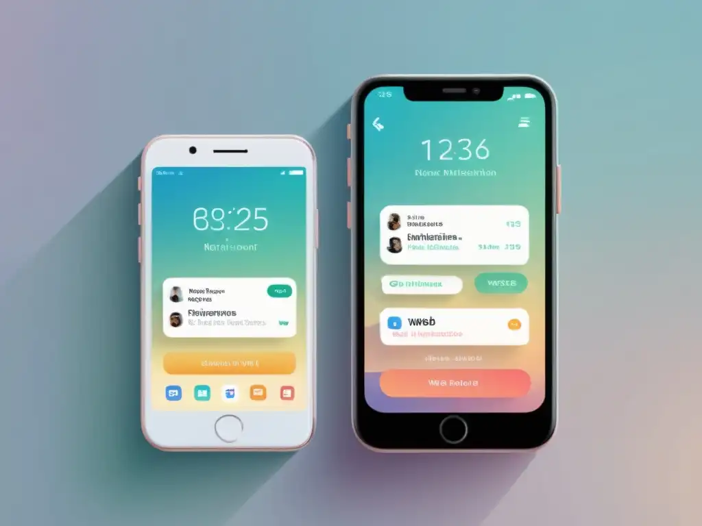 Notificaciones de app nativa vs Comparativa implementación notificaciones push: Ilustración minimalista de dos smartphones con notificaciones de app nativa y web