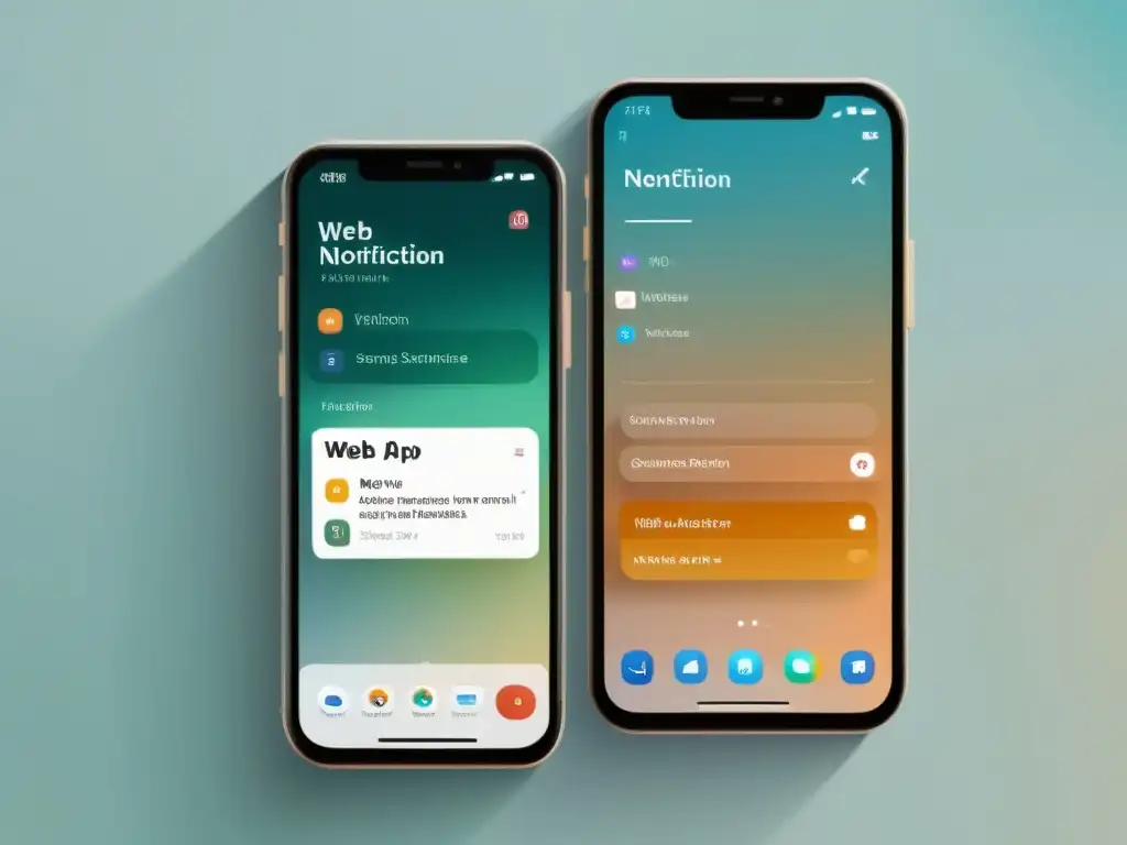 Comparación de notificaciones: app nativa vs Comparativa implementación notificaciones push en apps nativas y web, tonos suaves y minimalistas