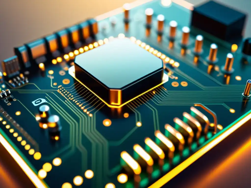 Placa de circuito integrado: Integración precisa y cálida Compleja integración Python JavaScript IoT FullStack en una placa de circuito, bañada en una cálida luz