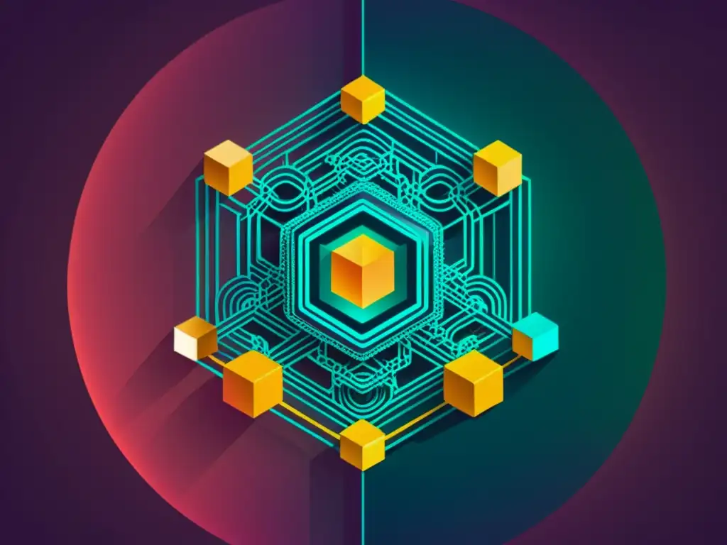 Blockchain: Intrincadas formas y tecnología futurista Compleja red blockchain y geometría con tonos metálicos y toques futuristas, evocando innovación
