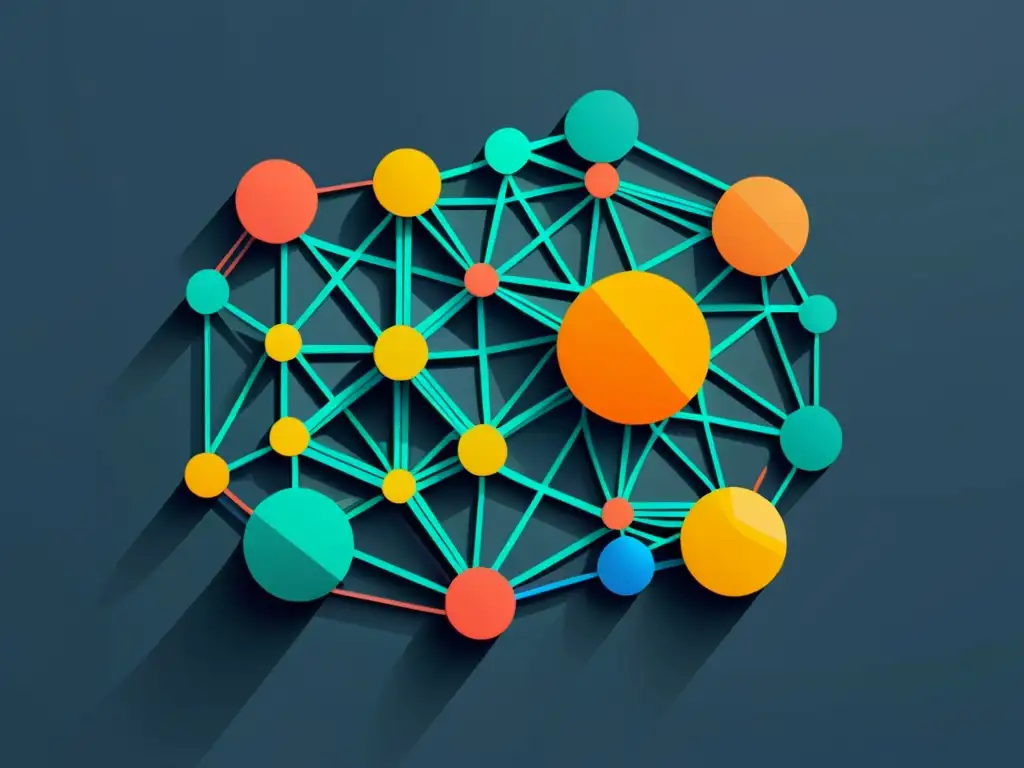 Redes geométricas: Integración SVG, Canvas y WebGL Compleja red de formas geométricas entrelazadas, representando la integración de SVG, Canvas y WebGL en animaciones avanzadas