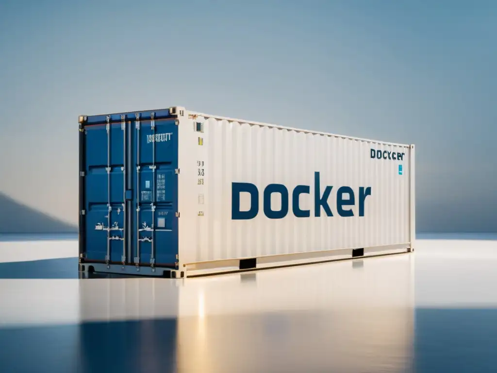 Contenedor Docker: Elegancia en Transparencia Contenedores Docker en desarrollo FullStack: Imagen minimalista de un contenedor Docker moderno y elegante, con una red de datos transparente