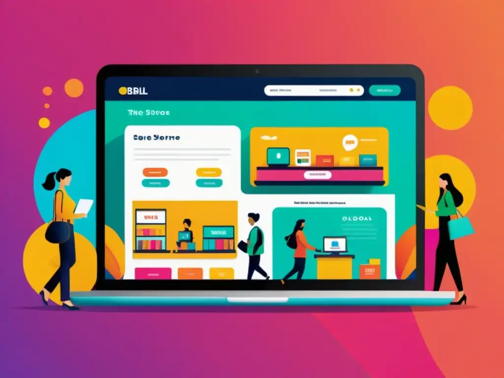 Creación de tienda online multilingüe WooCommerce: Imagen vibrante de grupo interactuando con interfaz global en dispositivos