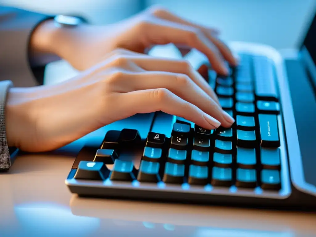 Manos de Desarrollador Escribiendo con Elegancia en TypeScript Un desarrollador teclea con destreza en un teclado moderno, con el logo de TypeScript en la pantalla