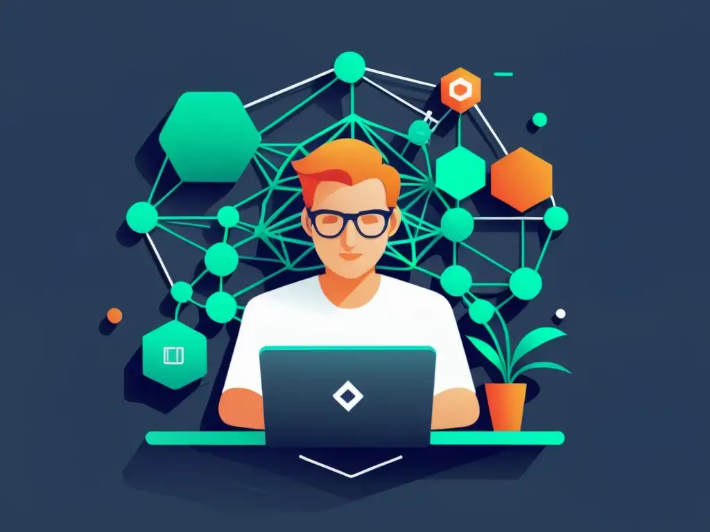 Desarrollador codificando en WebAssembly con elementos blockchain Un desarrollador codifica en WebAssembly rodeado de formas geométricas inspiradas en blockchain y nodos de red descentralizados, en tonos futuristas