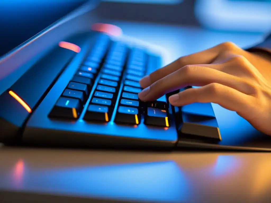 Manos de desarrollador escribiendo en teclado moderno Un desarrollador teclea en un teclado moderno, enfocado en sus dedos