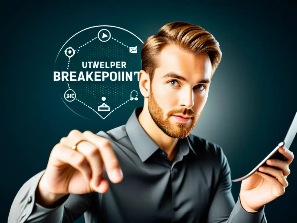 Desarrollador web ajustando breakpoints con precisión y confianza Un desarrollador web ajusta breakpoints con precisión estratégica en una interfaz moderna