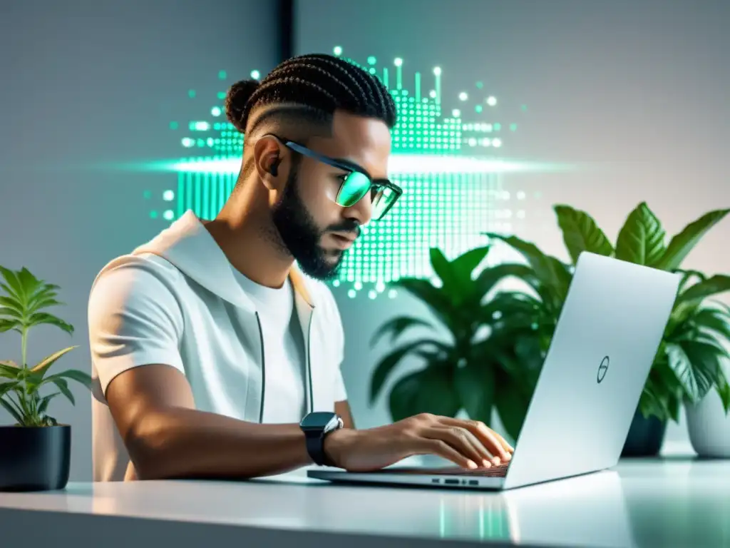 Desarrollador web codificando en laptop: imagen 8k Un desarrollador web tecleando código en un portátil moderno, con reflejos de código en sus gafas y un brillo futurista en la pantalla