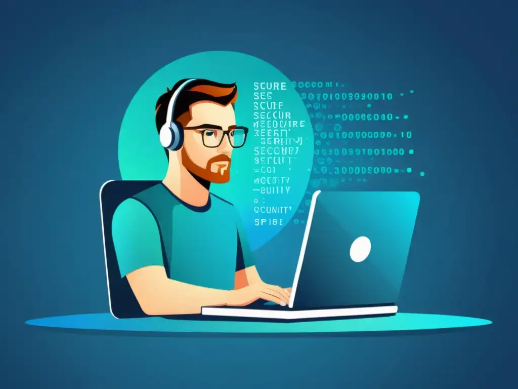 Desarrollador web escribiendo código seguro Un desarrollador web escribe código seguro en una ilustración minimalista y elegante, con elementos de seguridad flotando alrededor