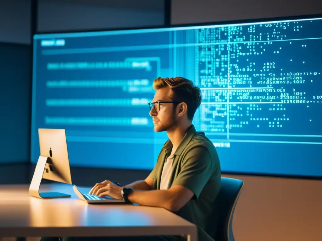 Desarrollador web inmerso en machine learning Desarrollador web concentrado frente a pantalla con algoritmos de machine learning
