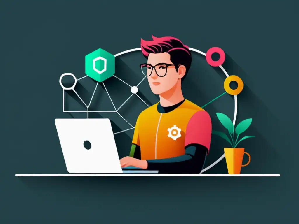 Desarrollador web conectando datos con GraphQL Un desarrollador web maneja datos con GraphQL: ilustración minimalista con líneas limpias y paleta de colores moderna