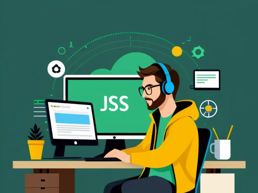 Desarrollador web enfocado en función JavaScript Un desarrollador web enfocado en funciones esenciales JavaScript, rodeado de código y dispositivos, en una ilustración minimalista