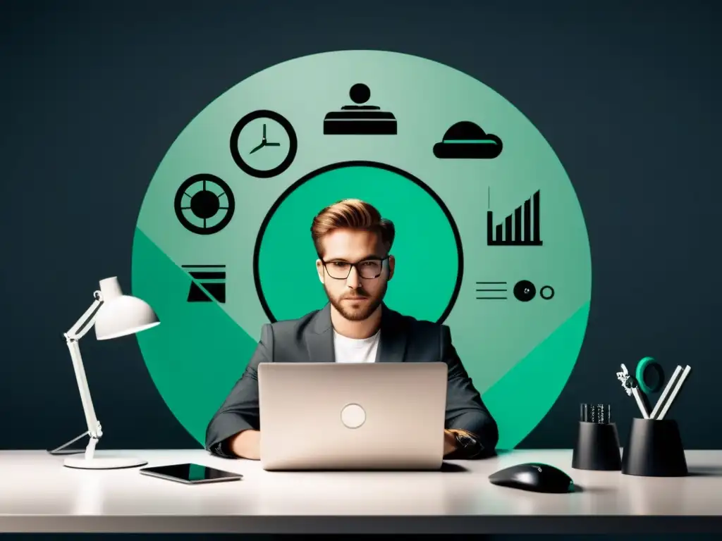 Experto desarrollador web inmerso en proyecto de alta gama Desarrollador web enfocado y profesional, rodeado de tecnología moderna, evocando el posicionamiento experto en desarrollo web