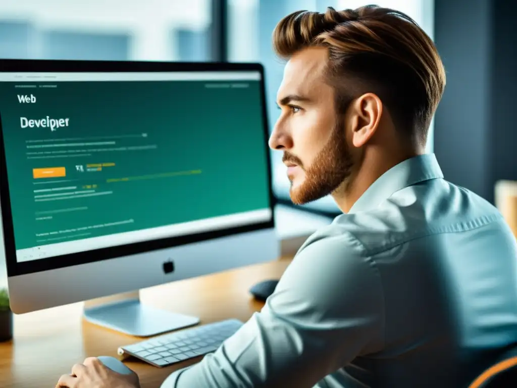 Desarrollador web experto crea diseño ultradetallado Un desarrollador web experto trabaja en un diseño web moderno y elegante