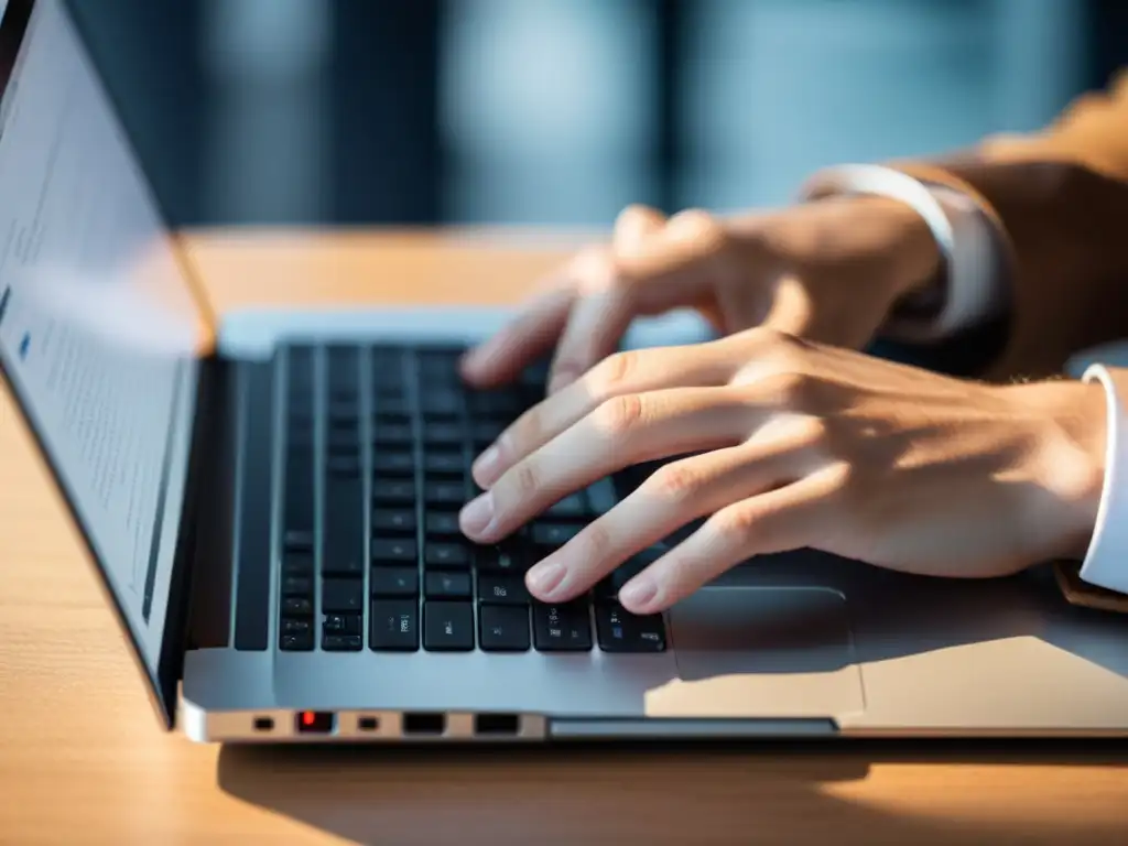 Manos expertas en teclado: migración a Headless CMS Un desarrollador web experto migra WordPress a Headless CMS con confianza, tecleando en un laptop moderno y elegante en un escritorio minimalista