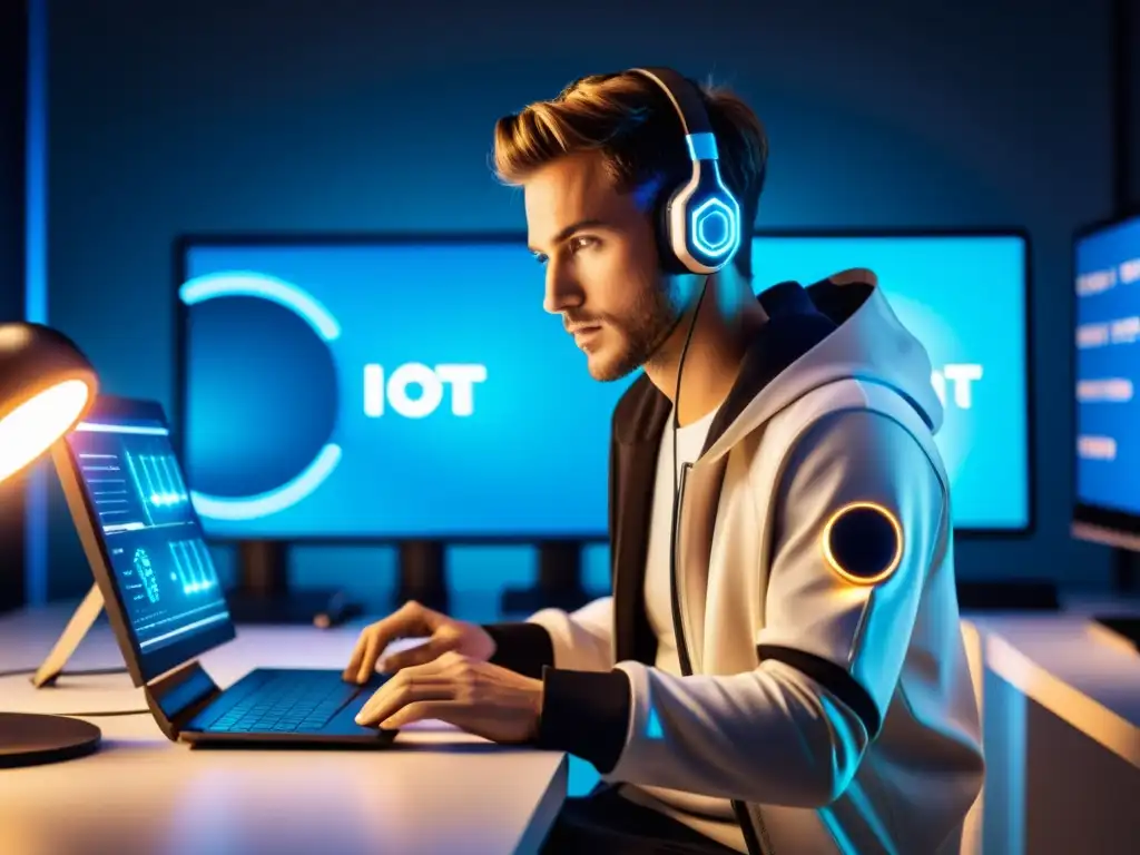 Desarrollador web en acción: pruebas y depuración de IoT Un desarrollador web utiliza herramientas de testing en dispositivos IoT
