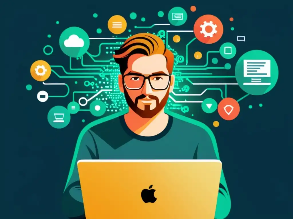 Desarrollo web con machine learning: la fusión perfecta Un desarrollador web concentra en su laptop, rodeado de algoritmos y código, mostrando aplicaciones reales de machine learning en desarrollo web