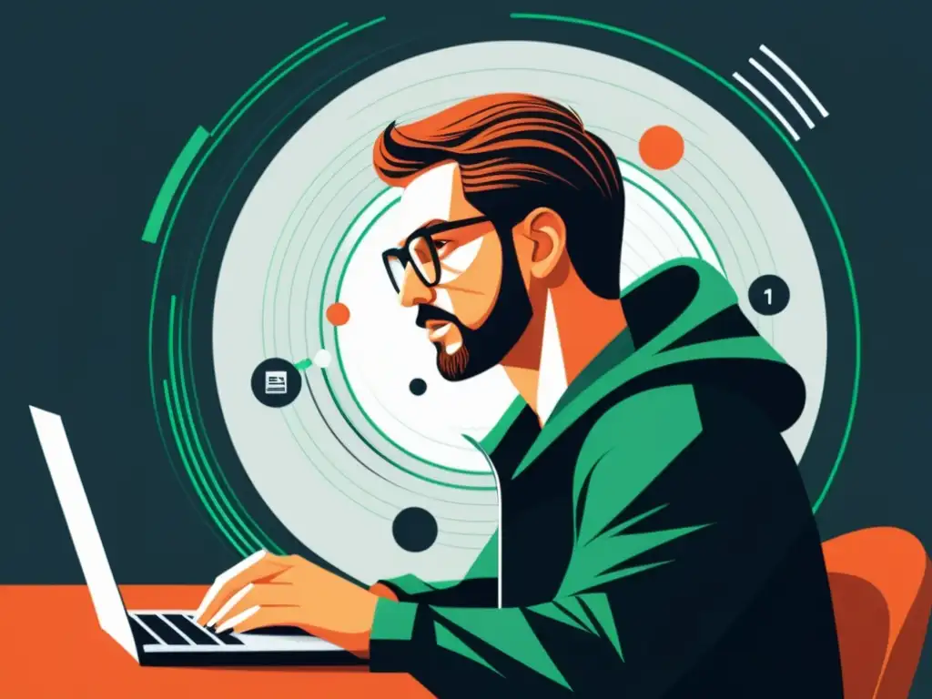 Desarrollador web dominando el DOM con precisión Un desarrollador web maneja el DOM con precisión, rodeado de código y elementos dinámicos, reflejando técnicas avanzadas de manejo DOM JavaScript