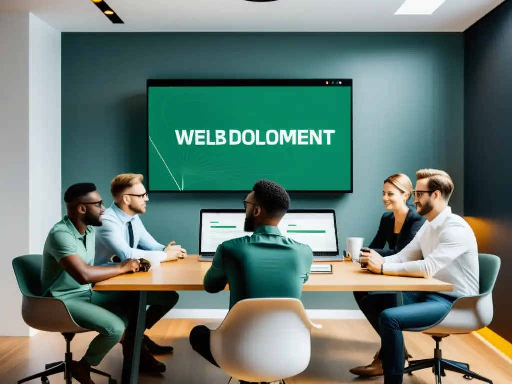 Equipo de desarrollo web creando interfaz moderna Implementación práctica del MVP en desarrollo web: equipo colaborando en una interfaz moderna y minimalista, exudando profesionalismo y productividad