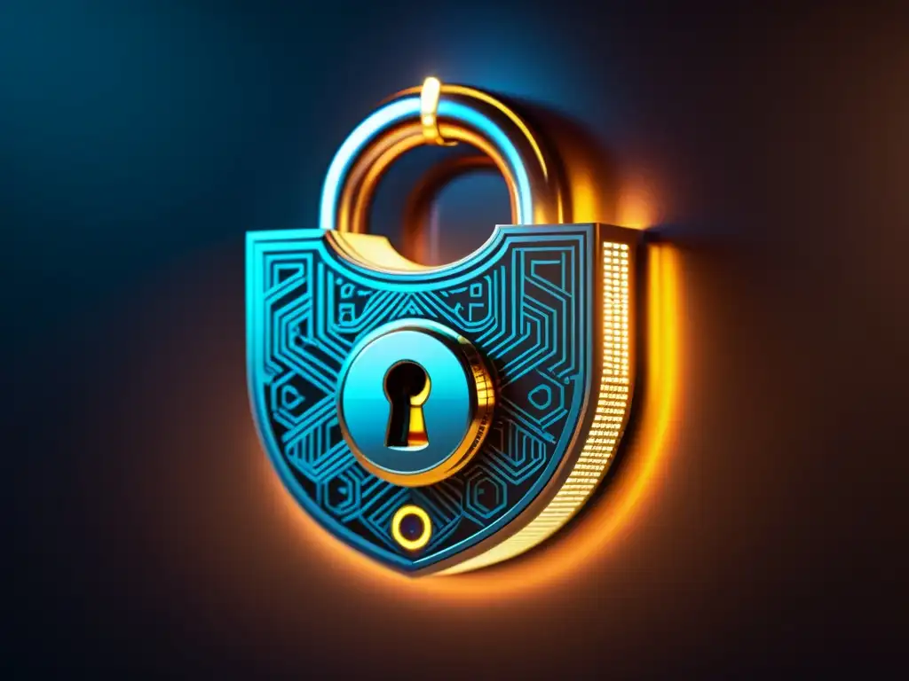 Lock futurista de alta tecnología en 8k Detallada imagen 8k de un mecanismo de bloqueo futurista con patrones intrincados y luces indicadoras, en un fondo oscuro de alta tecnología