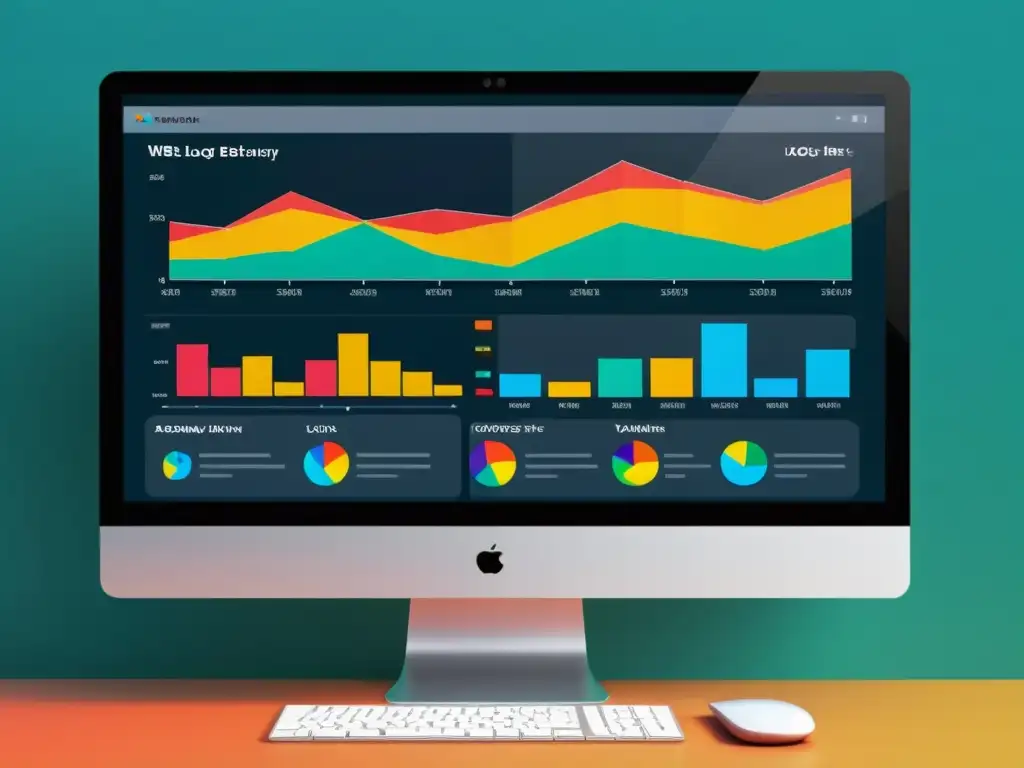 Monitor con gráficos de análisis de datos SEO Detalle de monitor con gráficos de análisis de logs para SEO en colores vibrantes y diseño moderno