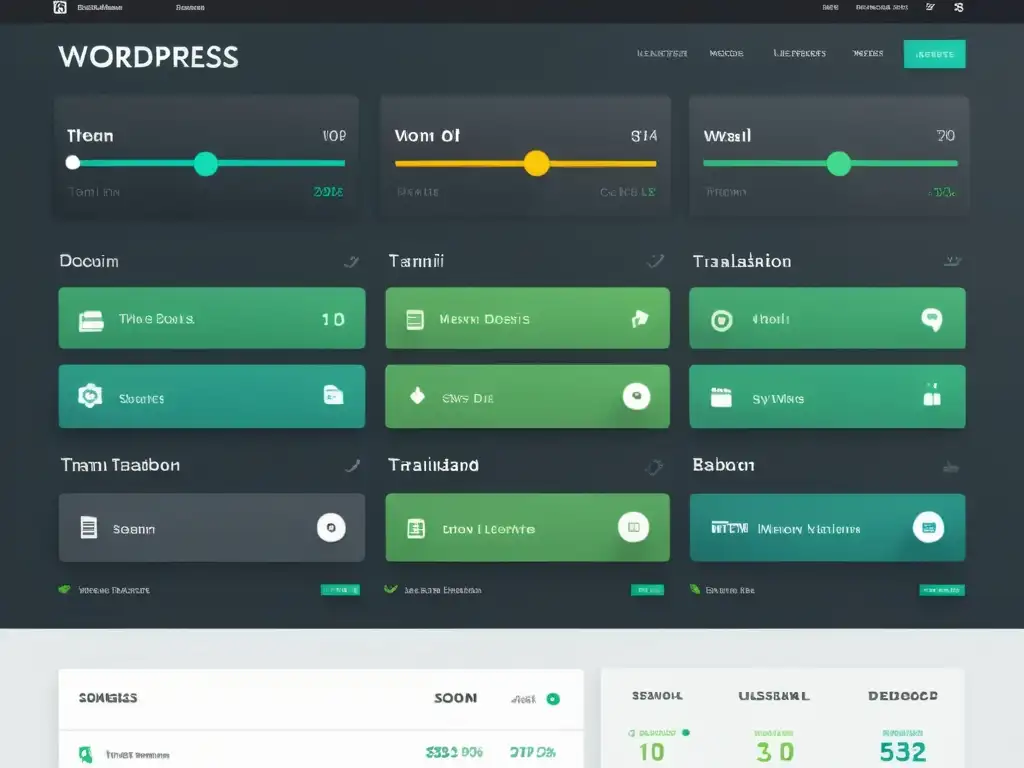 Dashboard de WordPress: Diseño minimalista y herramientas de localización intuitivas Detalle de un panel de control de tema WordPress avanzado, con diseño minimalista, localización intuitiva y estética profesional