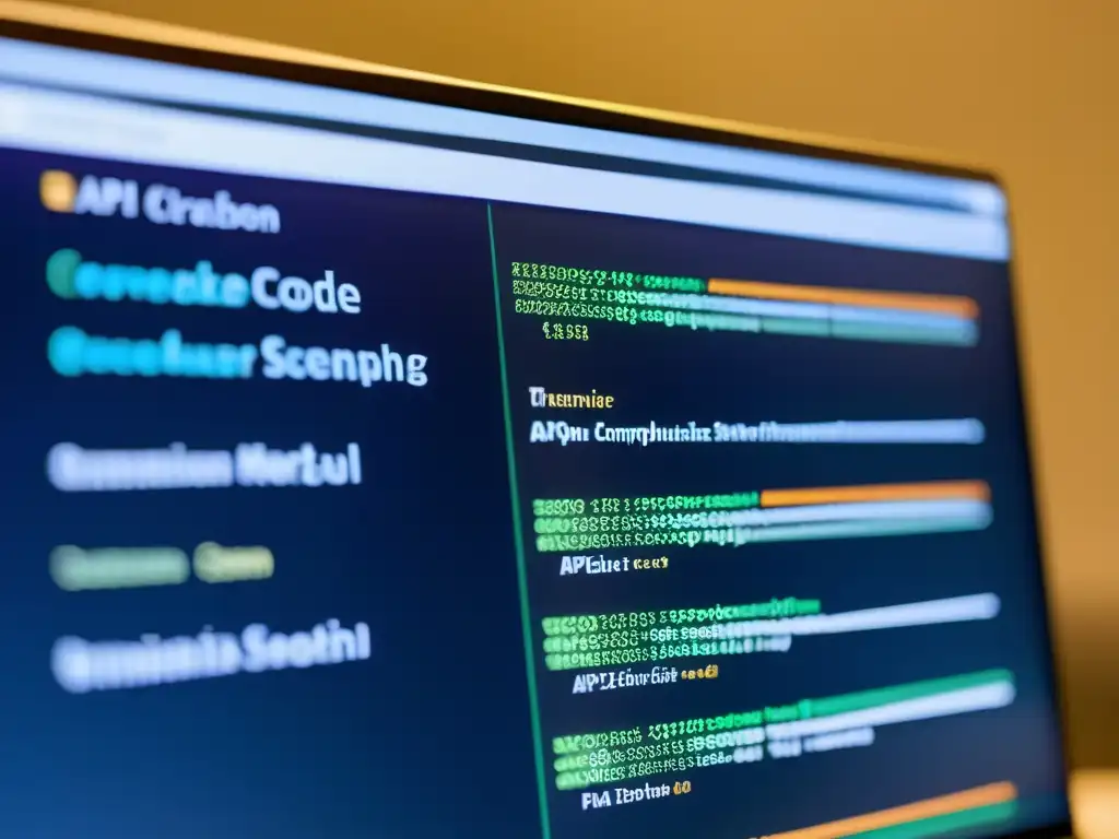 Compleja red de dependencias: Código API detallado Detalle de pantalla de computadora con complejo gráfico de dependencias de API, mostrando líneas de código y nodos de colores