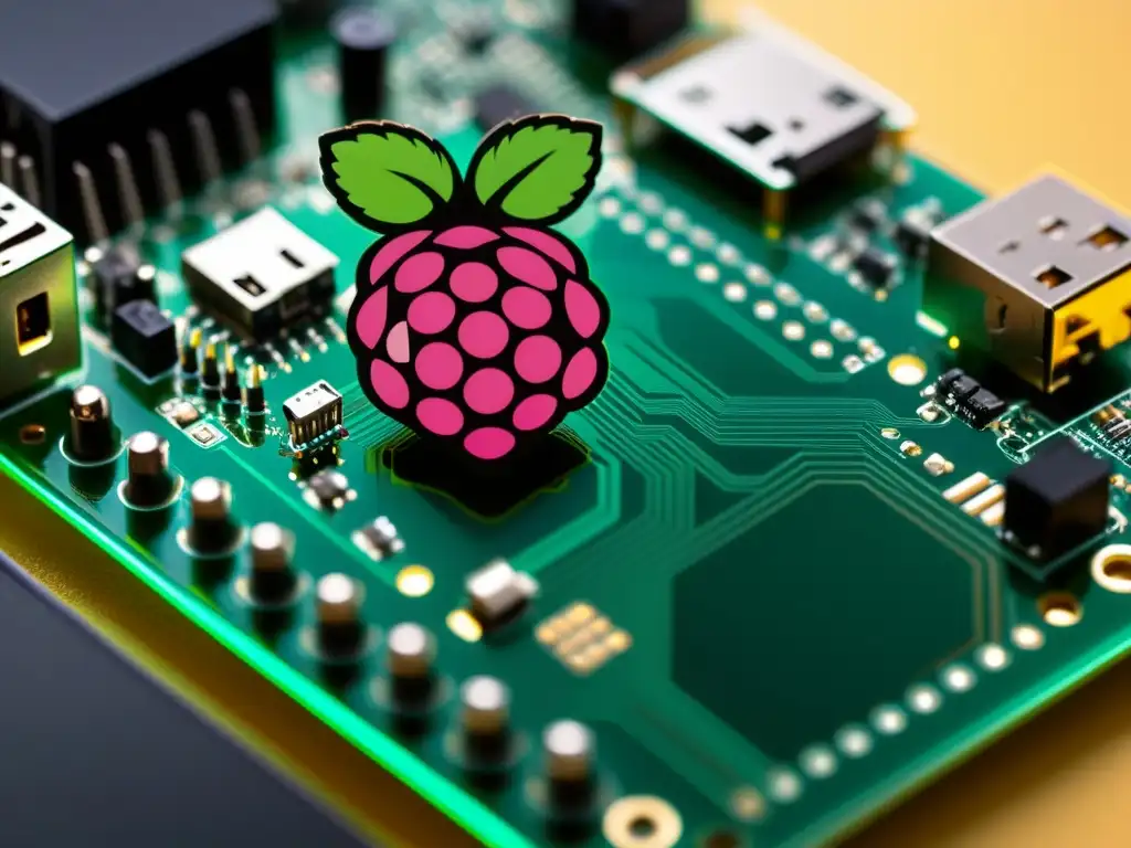 Detalle impactante: Placa de circuito de Raspberry Pi en alta definición Detalle de placa de circuito Raspberry Pi con iluminación suave, resalta diseño minimalista y profesional